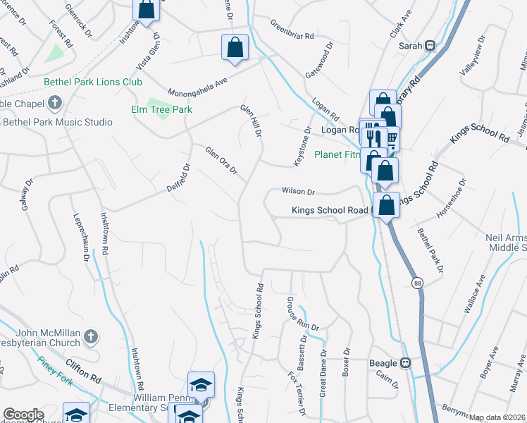 map of restaurants, bars, coffee shops, grocery stores, and more near 5699 Wilson Drive in Bethel Park