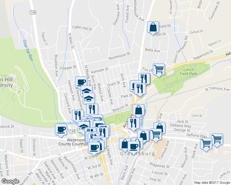 map of restaurants, bars, coffee shops, grocery stores, and more near 314 Culbertson Ave in Greensburg