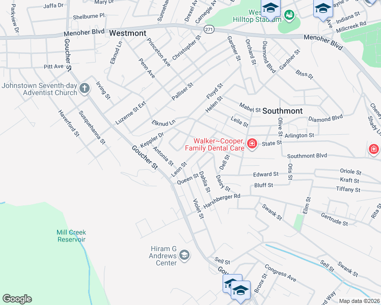 map of restaurants, bars, coffee shops, grocery stores, and more near 210 Leon Street in Johnstown