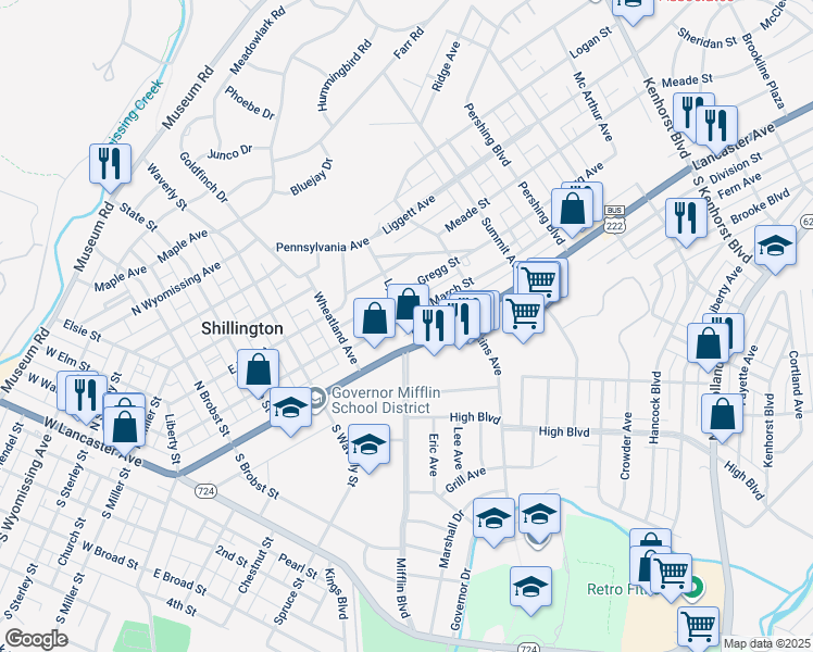 map of restaurants, bars, coffee shops, grocery stores, and more near 452 March Street in Shillington