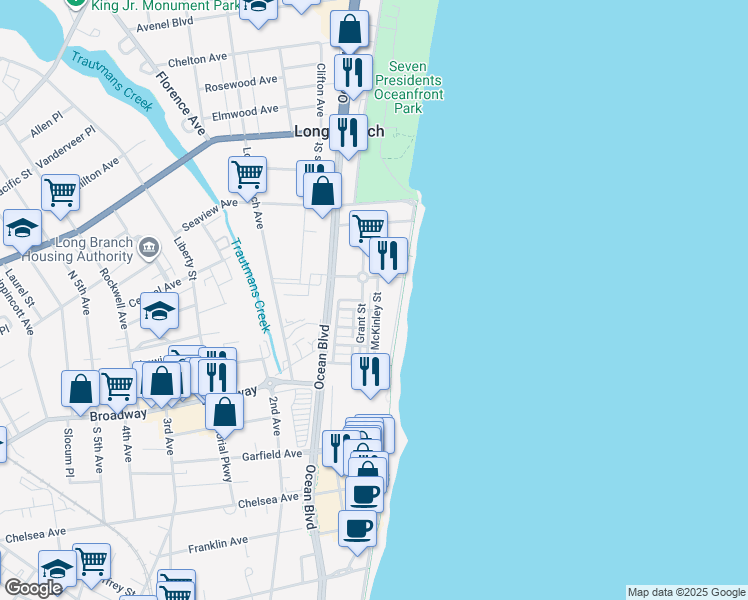map of restaurants, bars, coffee shops, grocery stores, and more near 30 McKinley Street in Long Branch