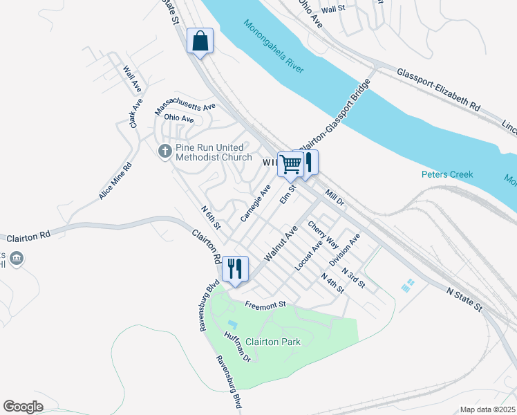 map of restaurants, bars, coffee shops, grocery stores, and more near 177 Carnegie Avenue in Clairton