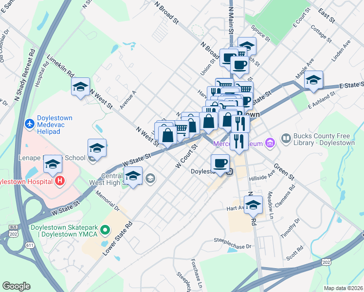 map of restaurants, bars, coffee shops, grocery stores, and more near 180 West State Street in Doylestown