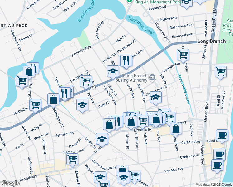 map of restaurants, bars, coffee shops, grocery stores, and more near 93 Laurel Street in Long Branch