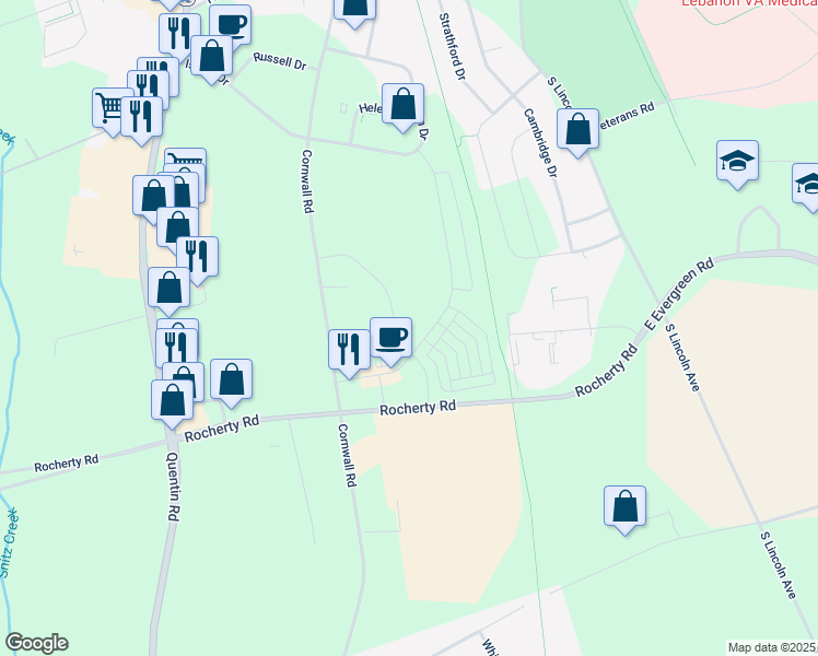map of restaurants, bars, coffee shops, grocery stores, and more near 210 Springwood Drive in Lebanon