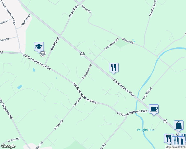 map of restaurants, bars, coffee shops, grocery stores, and more near 2850 Thompson Road in Harleysville