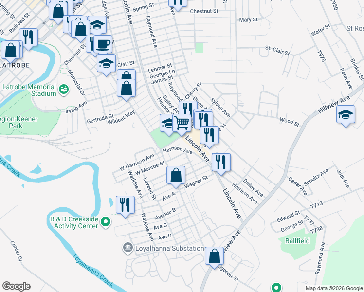 map of restaurants, bars, coffee shops, grocery stores, and more near 38 Harrison Avenue in Latrobe