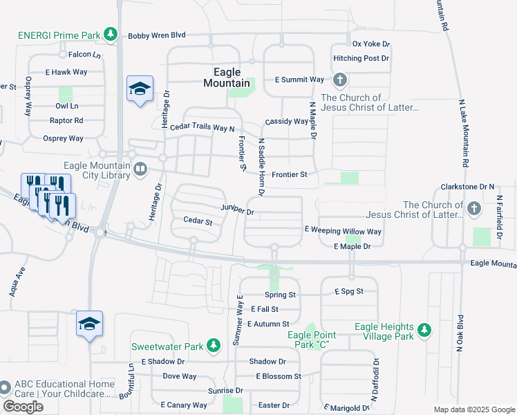 map of restaurants, bars, coffee shops, grocery stores, and more near 2037 Juniper Dr in Lehi