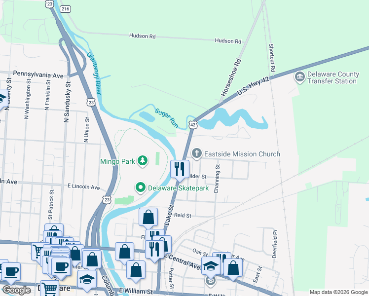 map of restaurants, bars, coffee shops, grocery stores, and more near 321 Lake Street in Delaware