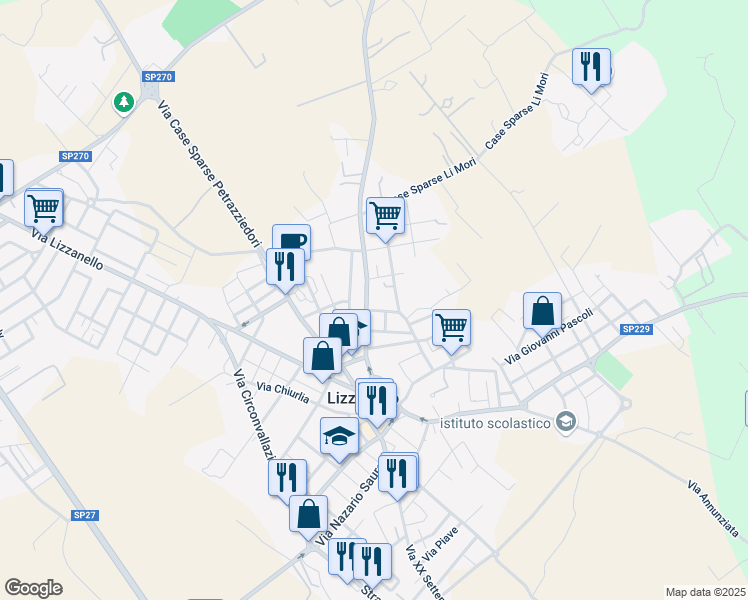 map of restaurants, bars, coffee shops, grocery stores, and more near 30 Via Giacomo Matteotti in Lizzanello