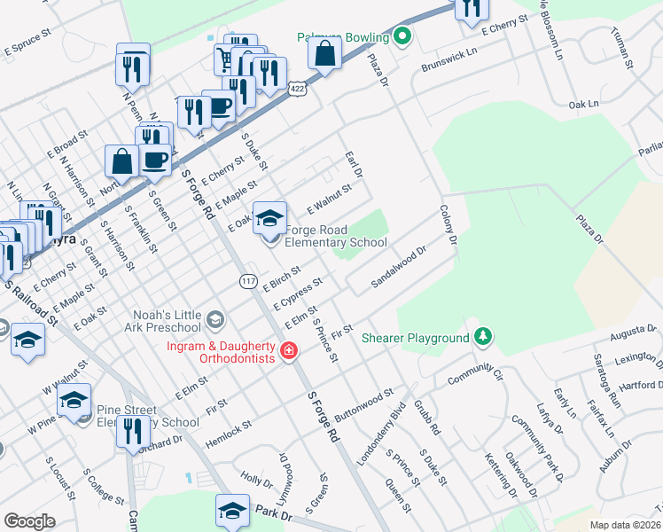 map of restaurants, bars, coffee shops, grocery stores, and more near 650 S Duke St in Palmyra