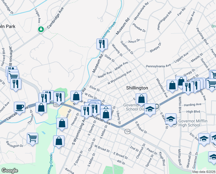 map of restaurants, bars, coffee shops, grocery stores, and more near 321 North Wyomissing Avenue in Shillington