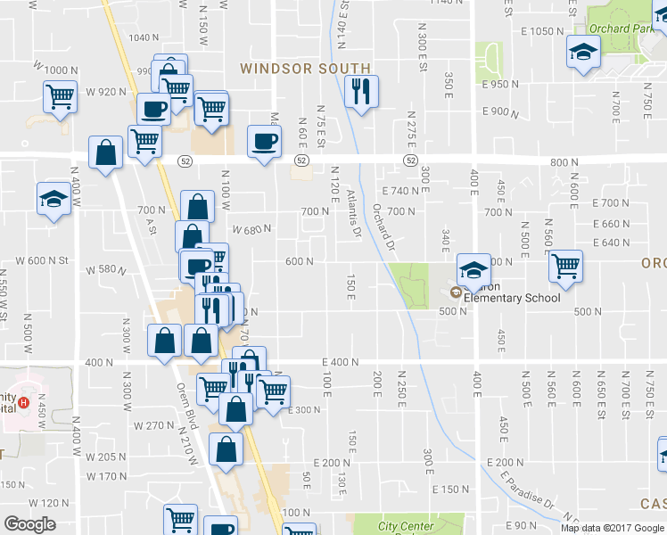map of restaurants, bars, coffee shops, grocery stores, and more near 120 East 600 North in Orem