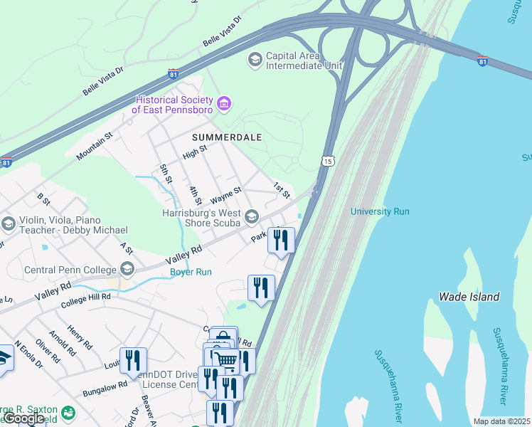 map of restaurants, bars, coffee shops, grocery stores, and more near 120 Valley Street in Marysville