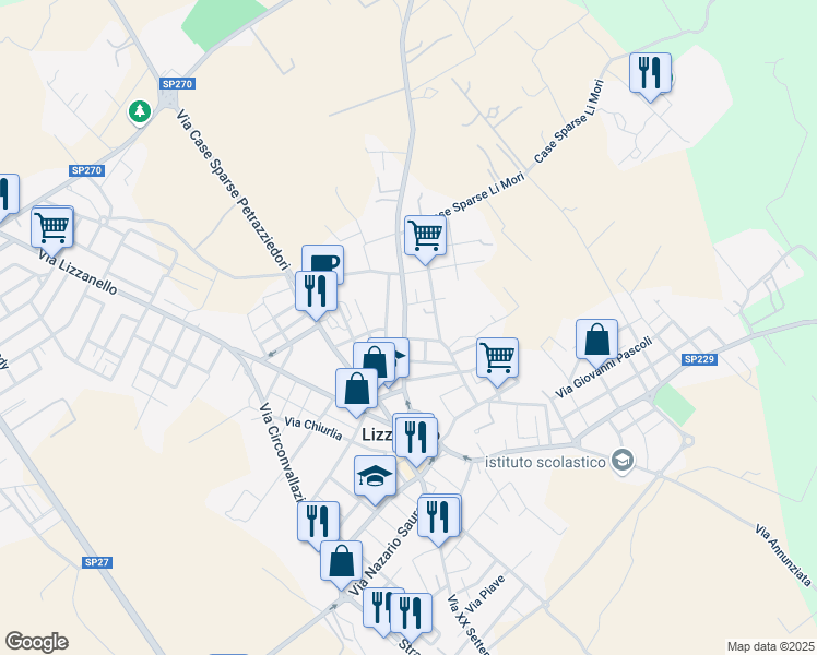 map of restaurants, bars, coffee shops, grocery stores, and more near 30 Via Giacomo Matteotti in Lizzanello