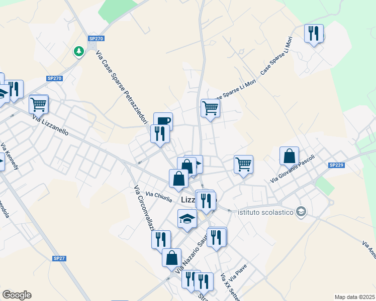 map of restaurants, bars, coffee shops, grocery stores, and more near 4 Via Don Giovanni Bosco in Lizzanello