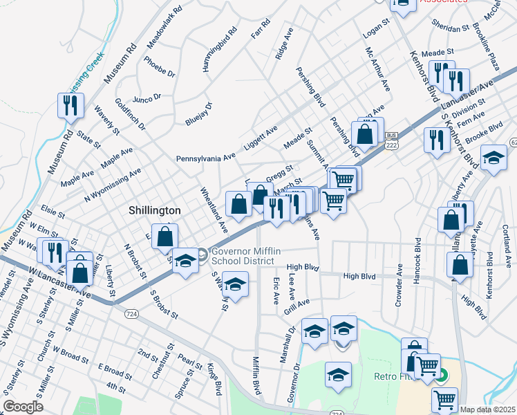 map of restaurants, bars, coffee shops, grocery stores, and more near 452 March Street in Shillington