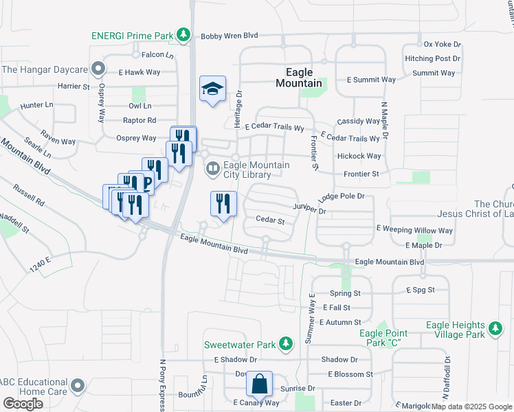 map of restaurants, bars, coffee shops, grocery stores, and more near 1796 Juniper Drive in Eagle Mountain