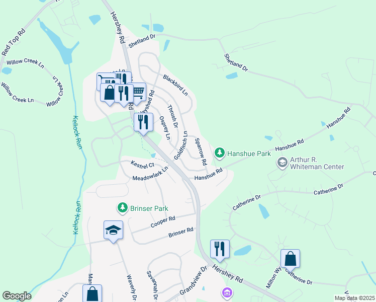 map of restaurants, bars, coffee shops, grocery stores, and more near 107 Oriole Court in Hummelstown