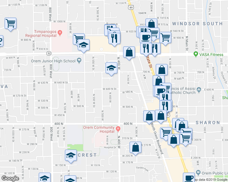 map of restaurants, bars, coffee shops, grocery stores, and more near 427 West 600 North Street in Orem
