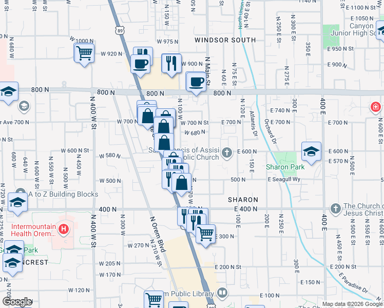 map of restaurants, bars, coffee shops, grocery stores, and more near 600 North 100 West in Orem