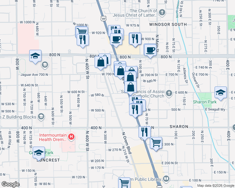 map of restaurants, bars, coffee shops, grocery stores, and more near 77 A Street in Orem