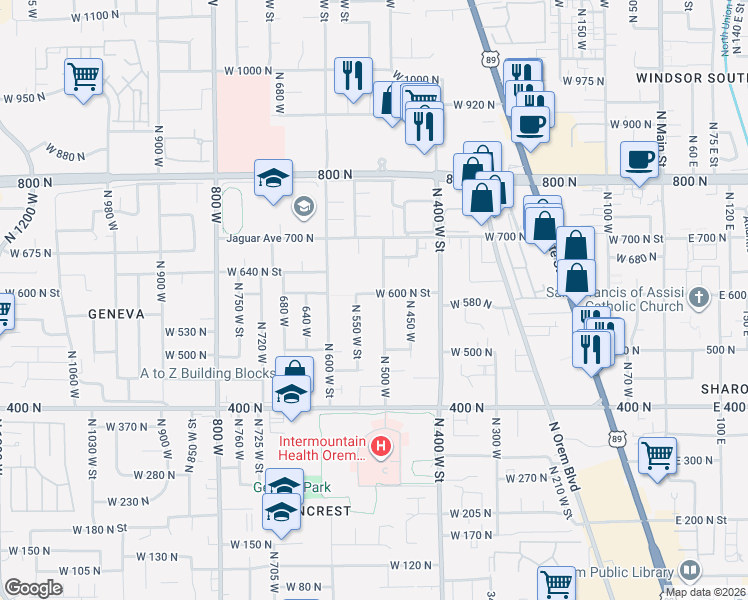 map of restaurants, bars, coffee shops, grocery stores, and more near 595 North 500 West in Orem