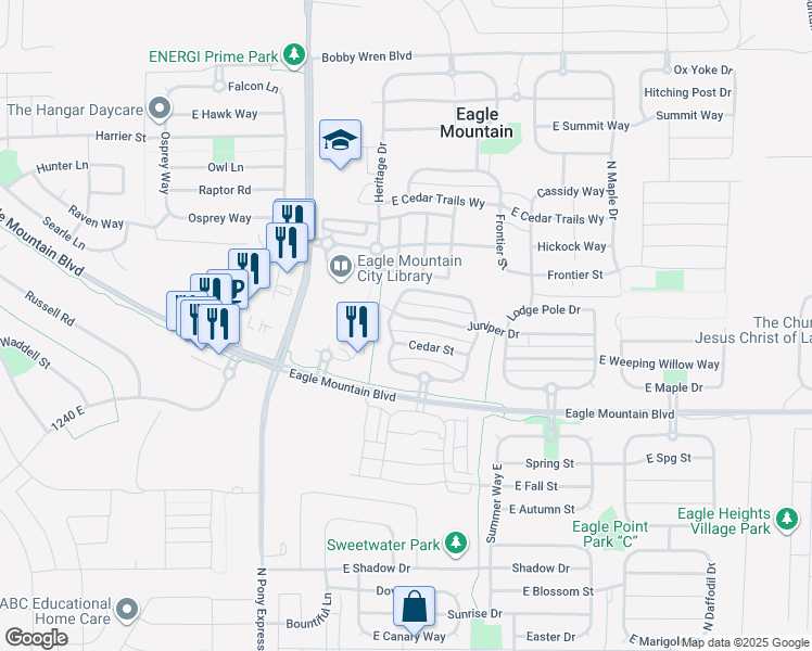 map of restaurants, bars, coffee shops, grocery stores, and more near 1796 Juniper Drive in Eagle Mountain