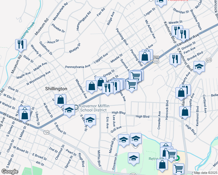 map of restaurants, bars, coffee shops, grocery stores, and more near 521a U.S. 222 Business in Shillington