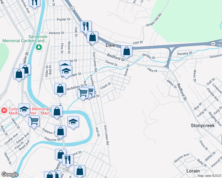 map of restaurants, bars, coffee shops, grocery stores, and more near 733 Bloom Street in Johnstown