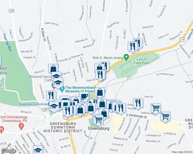 map of restaurants, bars, coffee shops, grocery stores, and more near 311 Harvey Avenue in Greensburg