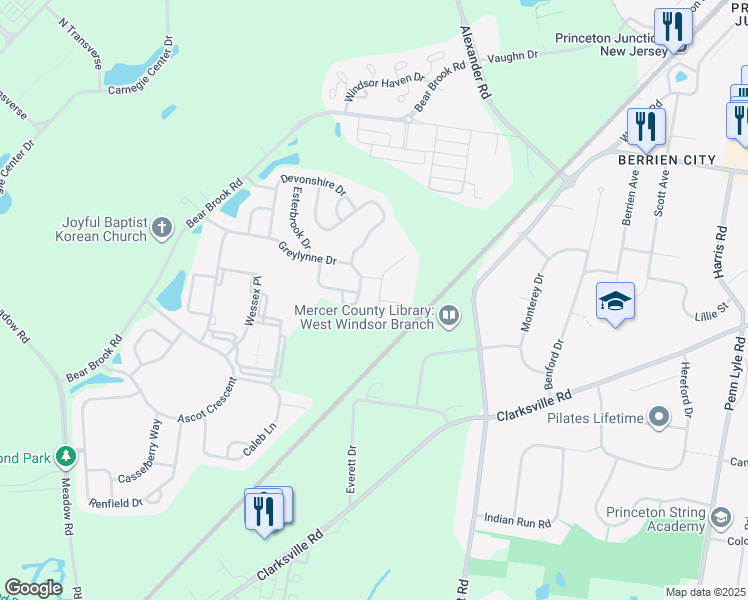 map of restaurants, bars, coffee shops, grocery stores, and more near 8 Kent Ct in Princeton