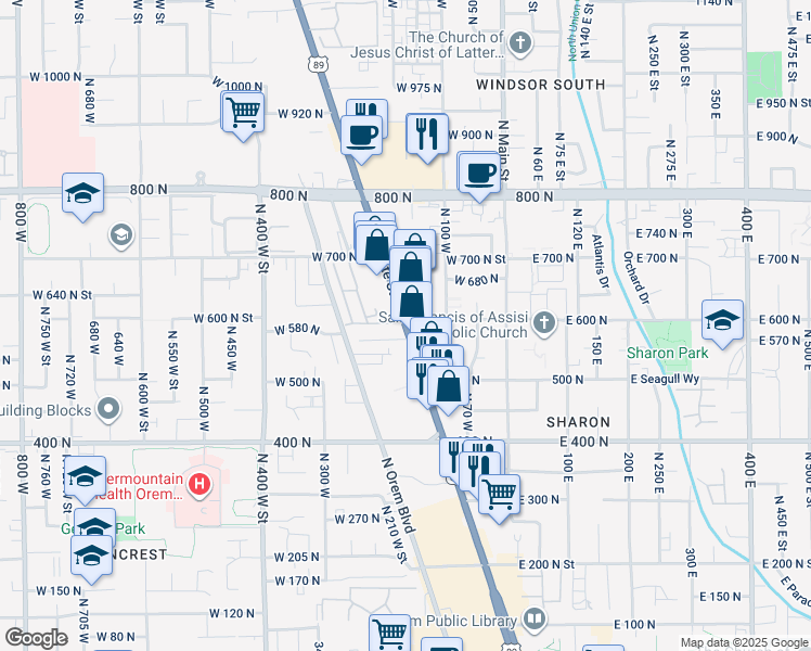 map of restaurants, bars, coffee shops, grocery stores, and more near 588 North State Street in Orem