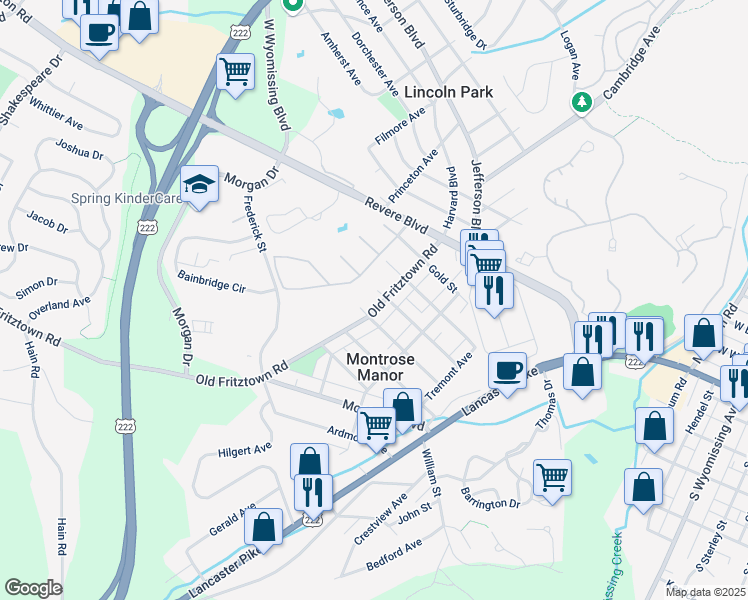 map of restaurants, bars, coffee shops, grocery stores, and more near 304 Old Fritztown Road in Shillington