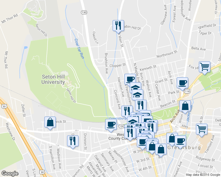 map of restaurants, bars, coffee shops, grocery stores, and more near 419 Brushton Avenue in Greensburg