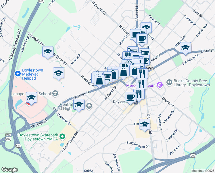 map of restaurants, bars, coffee shops, grocery stores, and more near 180 W State St in Doylestown
