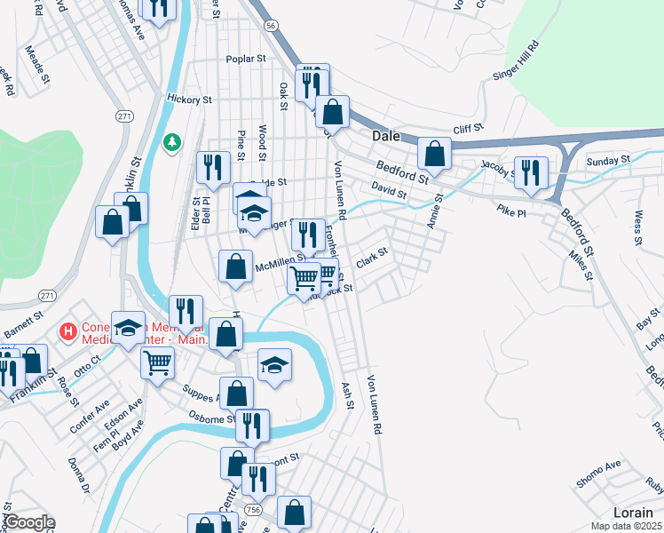 map of restaurants, bars, coffee shops, grocery stores, and more near 814 Fronheiser Street in Johnstown