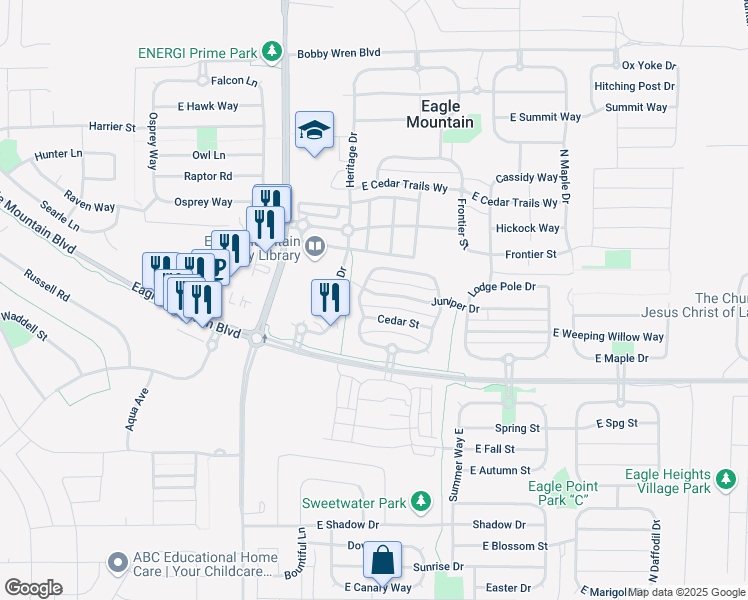 map of restaurants, bars, coffee shops, grocery stores, and more near 1786 Juniper Drive in Eagle Mountain
