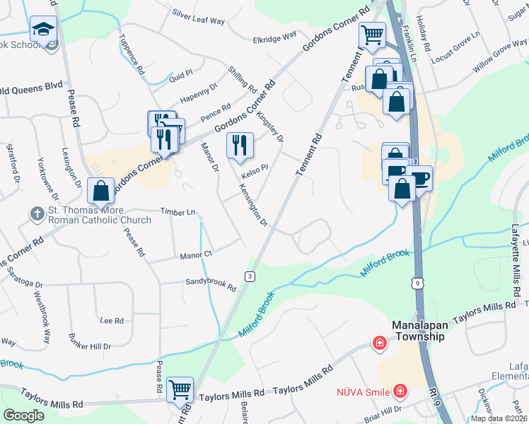 map of restaurants, bars, coffee shops, grocery stores, and more near 36 Kensington Drive in Manalapan Township