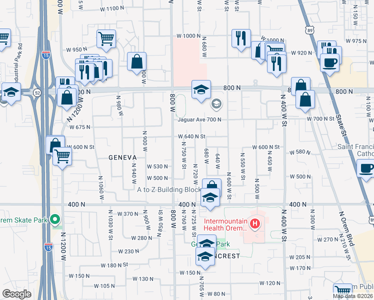 map of restaurants, bars, coffee shops, grocery stores, and more near 755 West 600 North Street in Orem