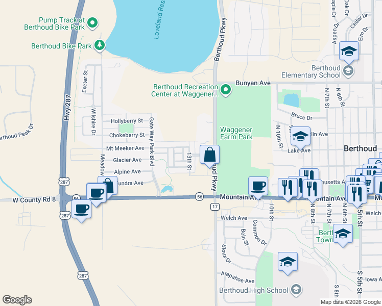 map of restaurants, bars, coffee shops, grocery stores, and more near 809 13th Street in Berthoud