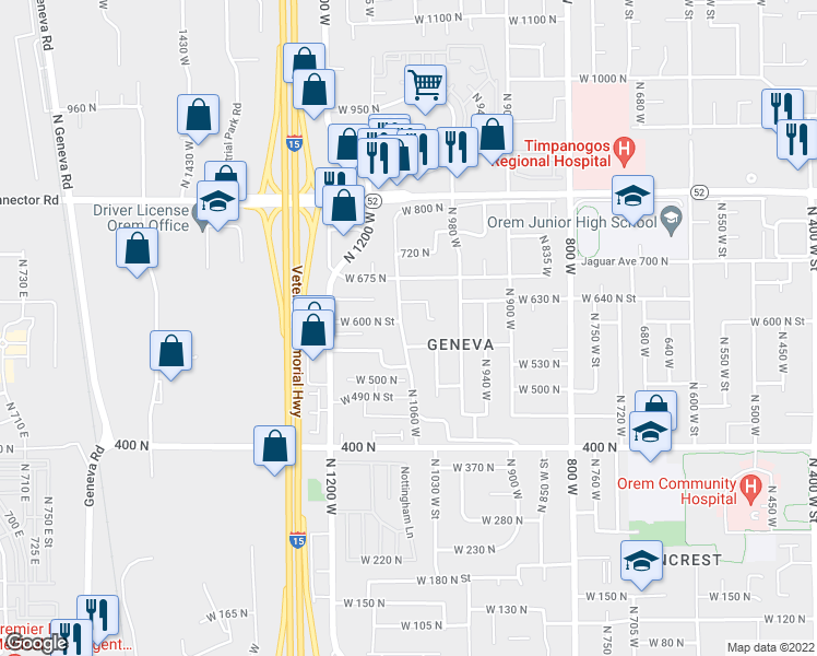 map of restaurants, bars, coffee shops, grocery stores, and more near 608 North 1060 West in Orem