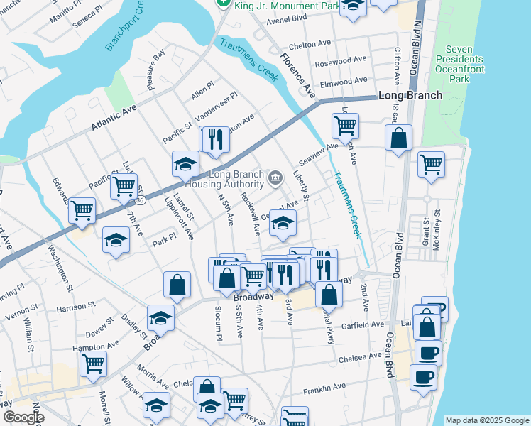 map of restaurants, bars, coffee shops, grocery stores, and more near 275 Central Avenue in Long Branch