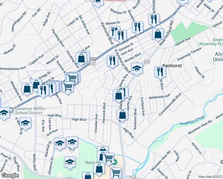 map of restaurants, bars, coffee shops, grocery stores, and more near 1440 Hancock Boulevard in Reading