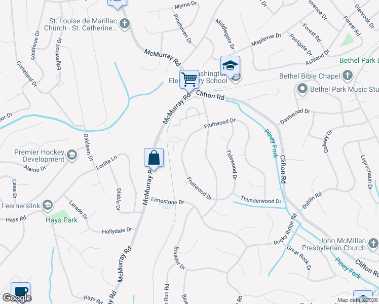 map of restaurants, bars, coffee shops, grocery stores, and more near 1056 Highfield Road in Bethel Park
