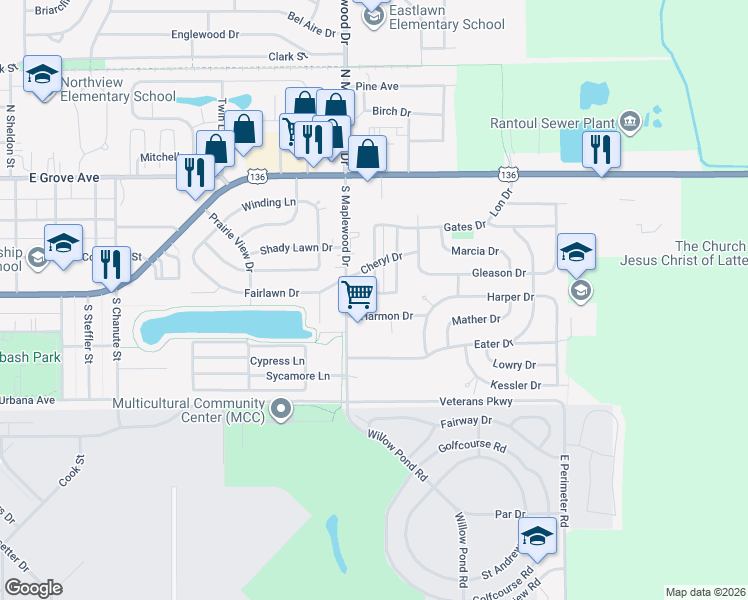 map of restaurants, bars, coffee shops, grocery stores, and more near 1308 Rockland Drive in Rantoul