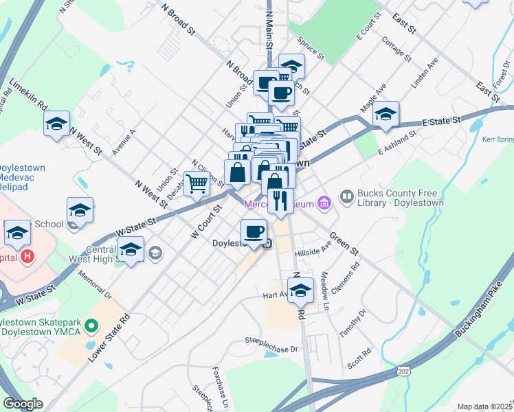 map of restaurants, bars, coffee shops, grocery stores, and more near 50 South Clinton Street in Doylestown