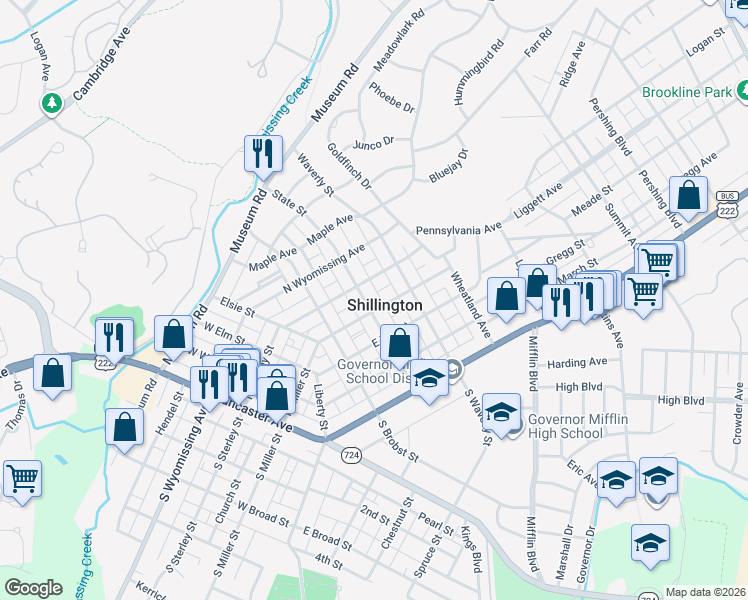 map of restaurants, bars, coffee shops, grocery stores, and more near 309 State Street in Shillington