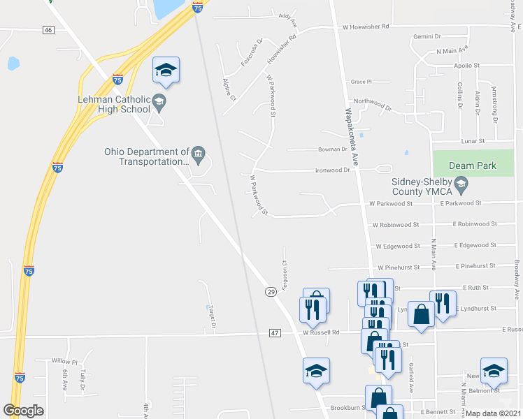 map of restaurants, bars, coffee shops, grocery stores, and more near 498 West Parkwood Street in Sidney