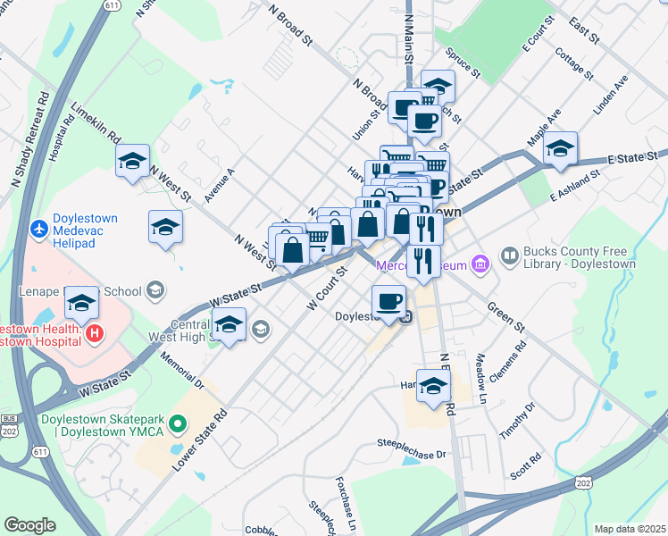 map of restaurants, bars, coffee shops, grocery stores, and more near 185 West Court Street in Doylestown